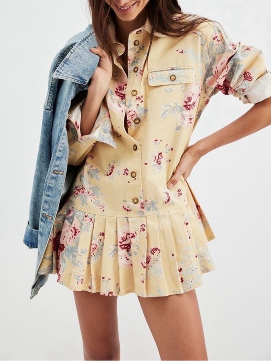 Free People Dresses & Skirts - NWOT Free People Connor Yellow Floral Mini Shirt Dress